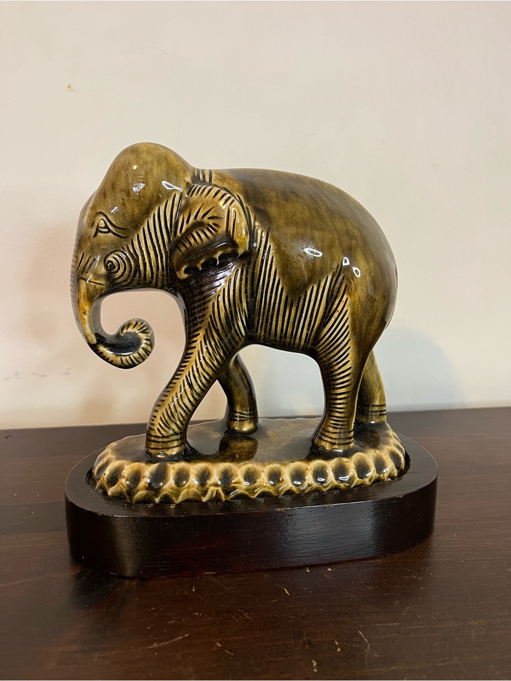 Vintage Thai celadon ceramic elephant figurine mounted wooden base 7.5"